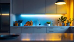 A photograph of a well-lit kitchen featuring stylish under cabinet lighting