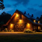 A photograph of a well-lit barn exterior at dusk