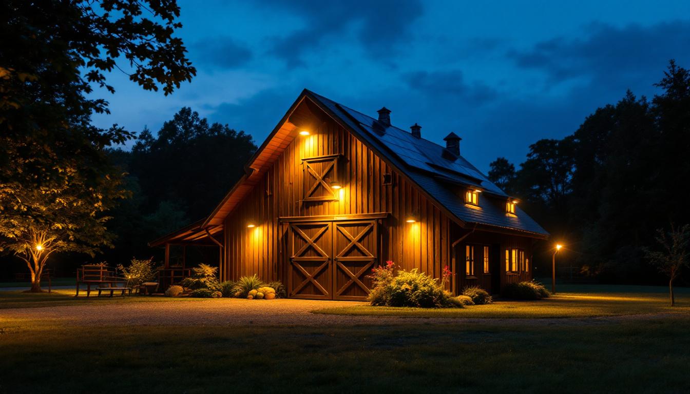 A photograph of a well-lit barn exterior at dusk