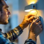 A photograph of a skilled lighting contractor installing a wall sconce