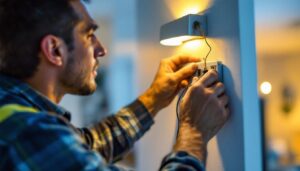 A photograph of a skilled lighting contractor installing a wall sconce