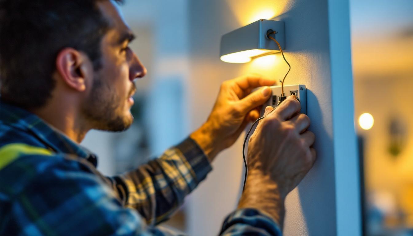 A photograph of a skilled lighting contractor installing a wall sconce