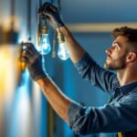 A photograph of a skilled lighting contractor in action