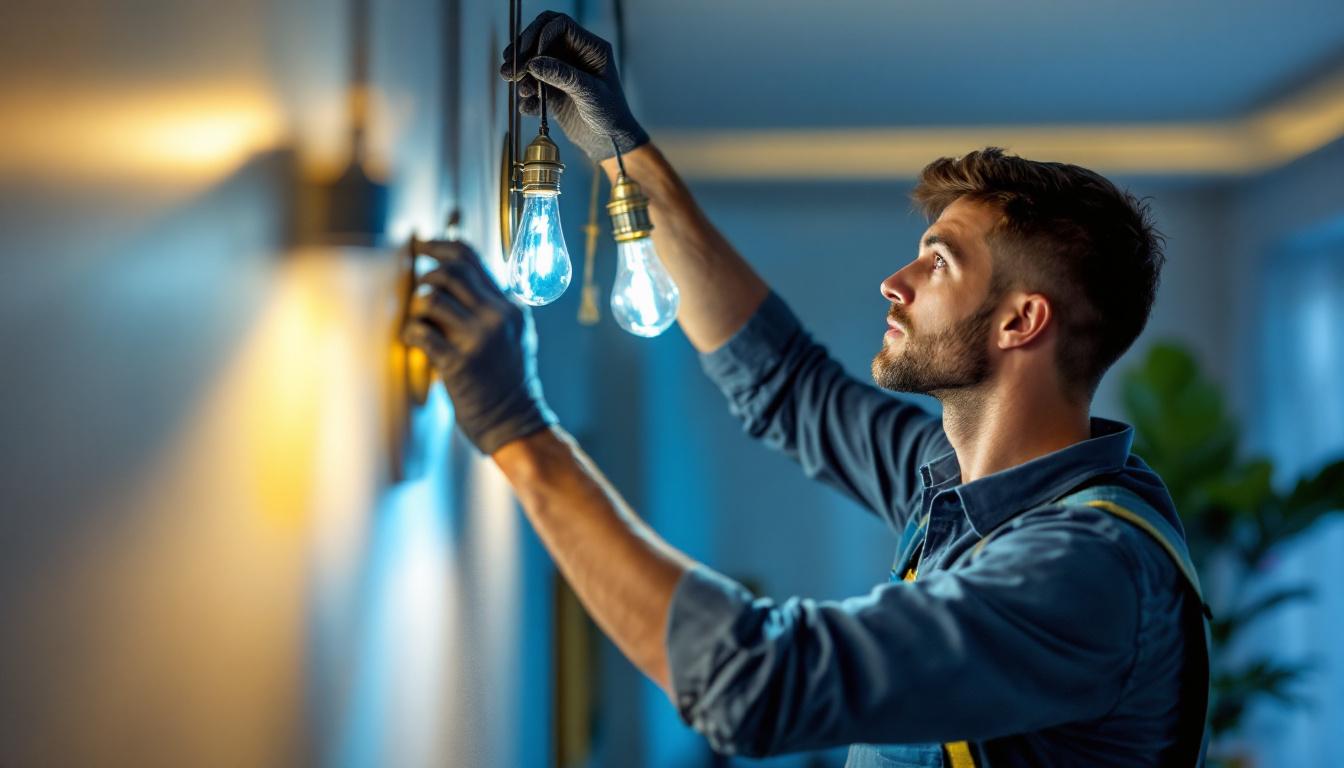 A photograph of a skilled lighting contractor in action