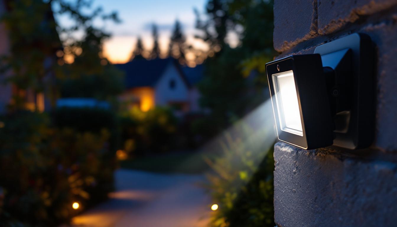 A photograph of a motion detector floodlight installed in an outdoor setting