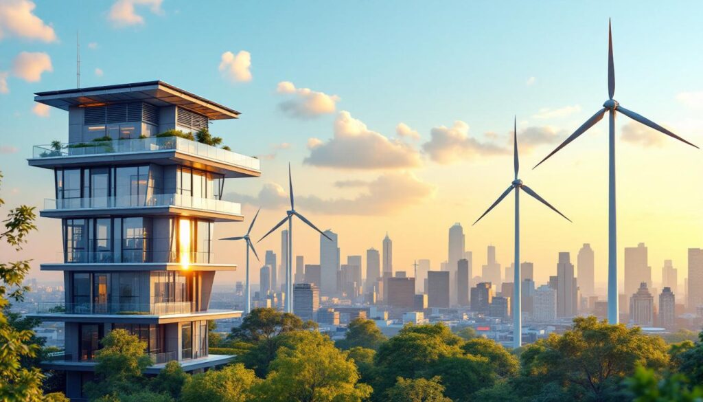 A photograph of a modern energy-efficient building equipped with solar panels and wind turbines