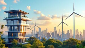 A photograph of a modern energy-efficient building equipped with solar panels and wind turbines