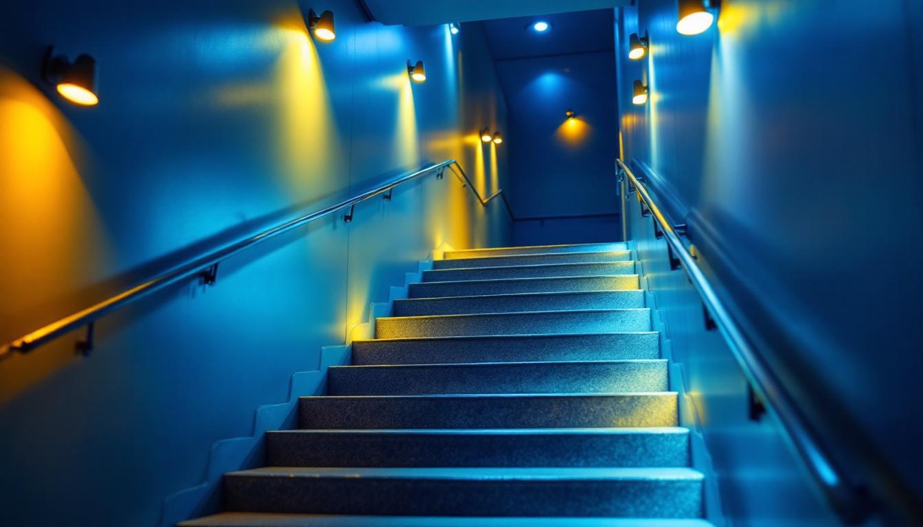 A photograph of a well-lit stairway featuring energy-efficient lighting solutions