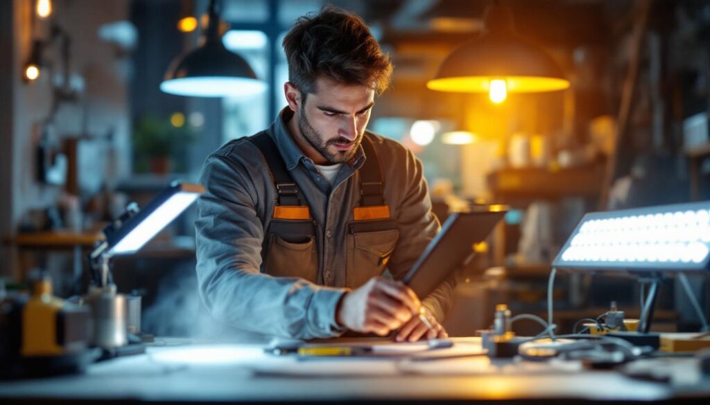 A photograph of a lighting contractor examining different types of led lights in a well-lit workspace