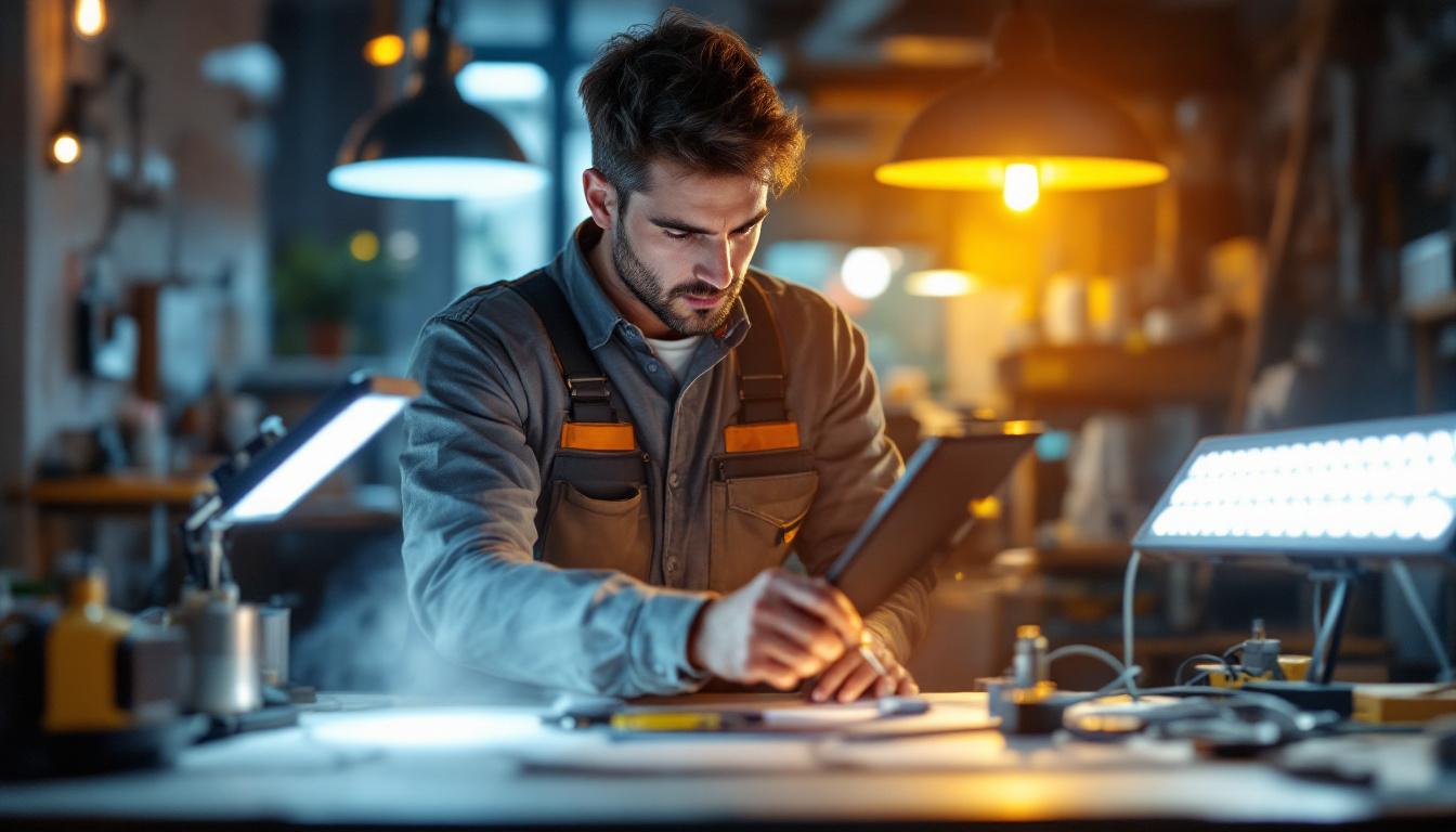 A photograph of a lighting contractor examining different types of led lights in a well-lit workspace
