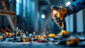 A photograph of a lighting contractor actively using a variety of modern electric hand tools on a job site