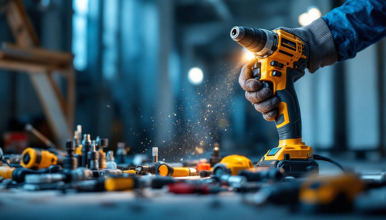 A photograph of a lighting contractor actively using a variety of modern electric hand tools on a job site