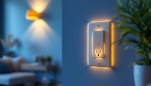 A photograph of a stylishly designed outlet cover installed in a modern home setting