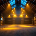 A photograph of a well-lit barn interior showcasing vibrant led lights illuminating the space