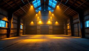 A photograph of a well-lit barn interior showcasing vibrant led lights illuminating the space