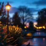 A photograph of a beautifully illuminated landscape light post in a serene outdoor setting during twilight