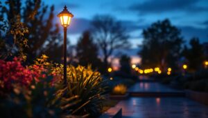 A photograph of a beautifully illuminated landscape light post in a serene outdoor setting during twilight