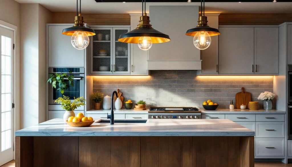 A photograph of a beautifully designed kitchen featuring large island pendant lights
