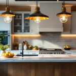 A photograph of a beautifully designed kitchen featuring large island pendant lights