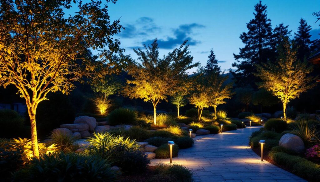 A photograph of a beautifully illuminated outdoor space featuring solar uplights highlighting landscaping elements