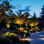 A photograph of a beautifully illuminated outdoor space featuring solar uplights highlighting landscaping elements