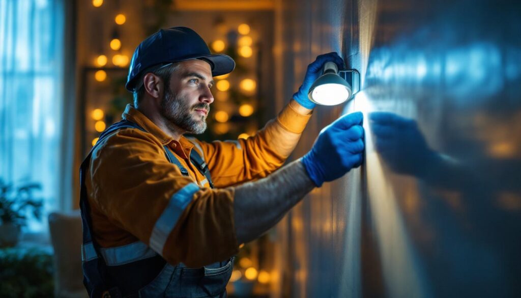 A photograph of a lighting contractor installing or showcasing led magnetic lights in a residential or commercial setting