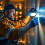 A photograph of a lighting contractor installing or showcasing led magnetic lights in a residential or commercial setting