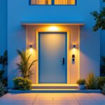 A photograph of a well-lit outdoor front entrance showcasing a stylish light fixture