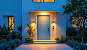 A photograph of a well-lit outdoor front entrance showcasing a stylish light fixture