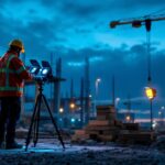 A photograph of a lighting contractor setting up portable field lights at a construction site during dusk