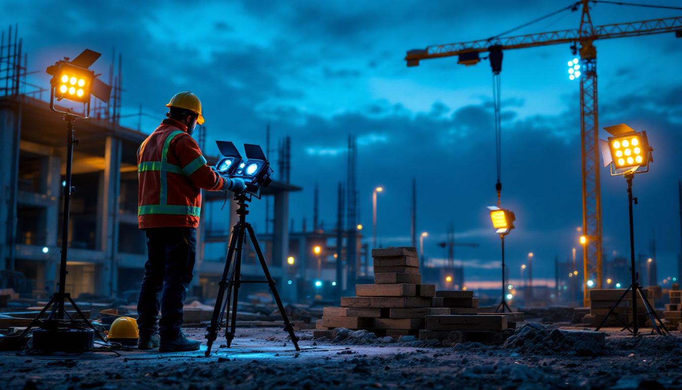 A photograph of a lighting contractor setting up portable field lights at a construction site during dusk