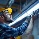 A photograph of a lighting contractor installing or inspecting a four-bulb fluorescent fixture in a commercial setting