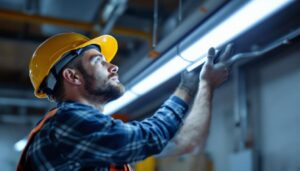 A photograph of a lighting contractor installing or inspecting a four-bulb fluorescent fixture in a commercial setting