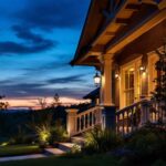 A photograph of a beautifully lit porch during twilight