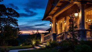 A photograph of a beautifully lit porch during twilight