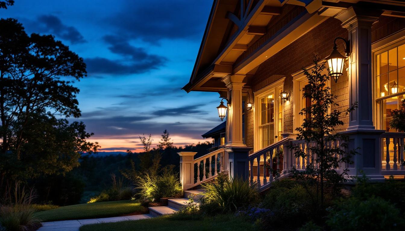 A photograph of a beautifully lit porch during twilight