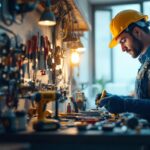 A photograph of a skilled lighting contractor using a variety of essential electrical tools in a well-lit work environment