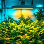 A photograph of a well-lit indoor garden or grow room showcasing a 600w led grow lamp in action