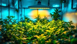 A photograph of a well-lit indoor garden or grow room showcasing a 600w led grow lamp in action