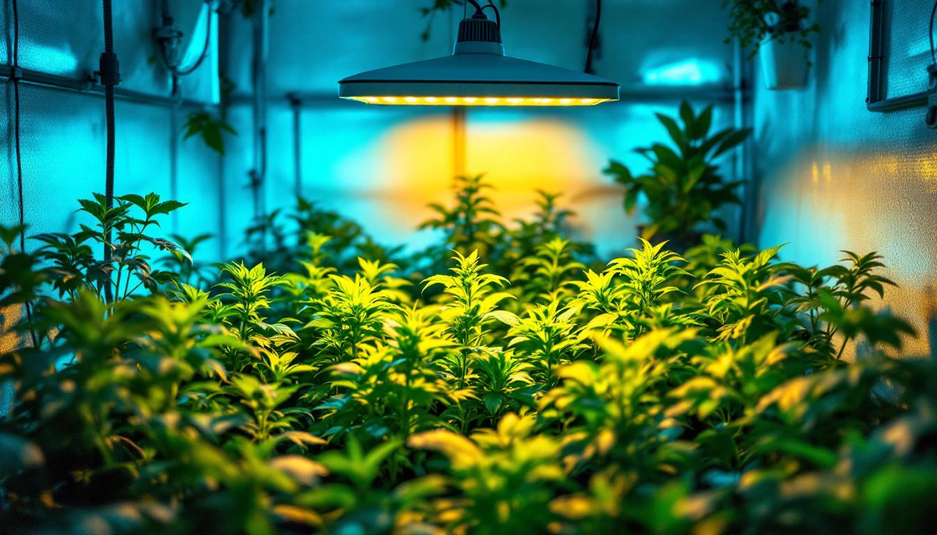A photograph of a well-lit indoor garden or grow room showcasing a 600w led grow lamp in action