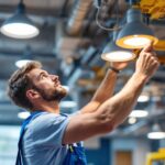 A photograph of a lighting contractor installing commercial led ceiling lights in a modern workspace