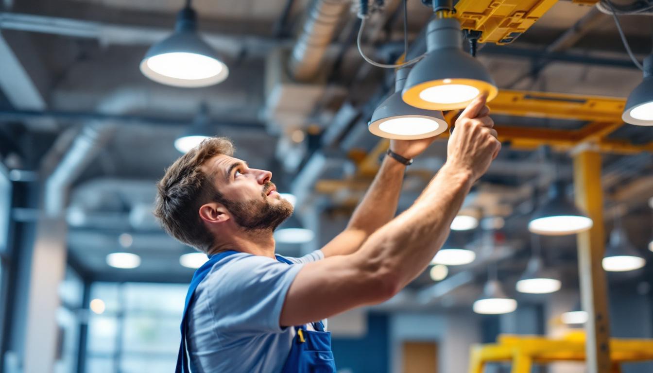 A photograph of a lighting contractor installing commercial led ceiling lights in a modern workspace
