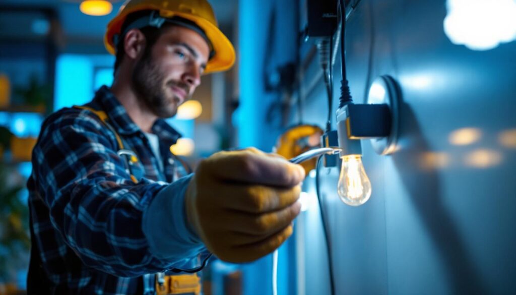 A photograph of a skilled lighting contractor installing smart lighting fixtures