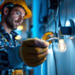A photograph of a skilled lighting contractor installing smart lighting fixtures