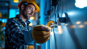 A photograph of a skilled lighting contractor installing smart lighting fixtures