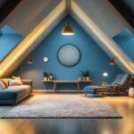 A photograph of a beautifully designed attic space featuring a variety of innovative lighting solutions