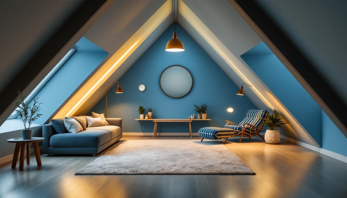 A photograph of a beautifully designed attic space featuring a variety of innovative lighting solutions