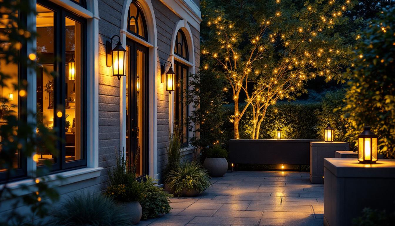 A photograph of a beautifully illuminated patio featuring stylish outdoor lamps