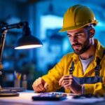 A photograph of a lighting contractor demonstrating the use of a uv light lamp in a workspace