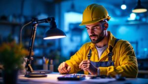 A photograph of a lighting contractor demonstrating the use of a uv light lamp in a workspace